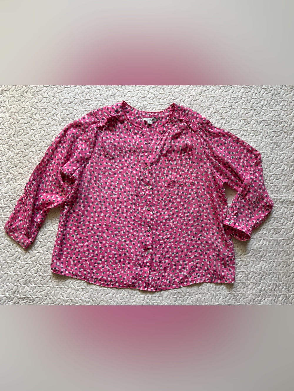 Zac & Rachel Woman size 2X Pink With Green and Gray Prints Button-Front Top